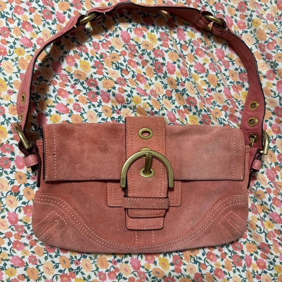 Coach Pink Suede Demi Flap Shoulder Bag C05S-8A18 - Picture 1 of 9